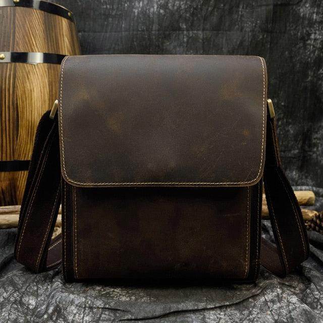 Men's leather crossbody bags in dark brown with stylish flap for everyday use