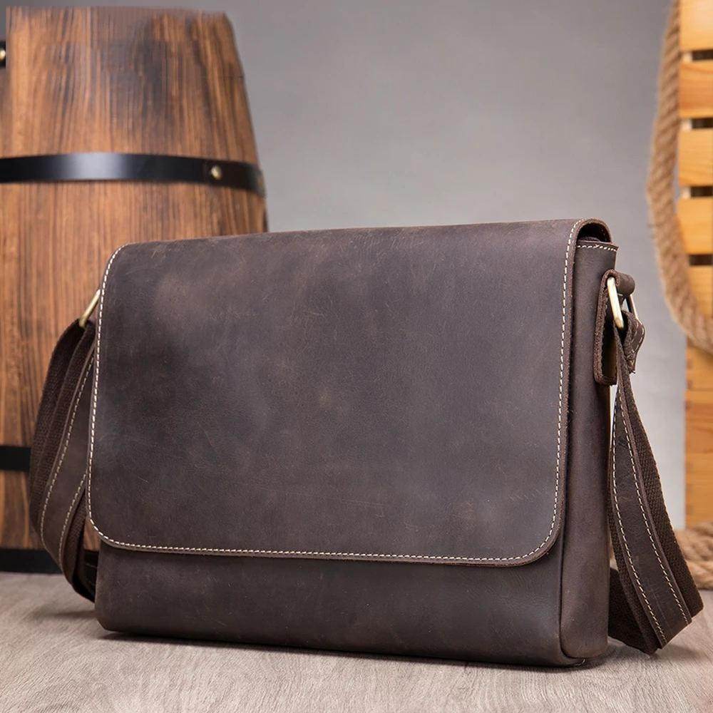Brown men's leather crossbody bags by VacationGrabs with a sleek design and adjustable strap