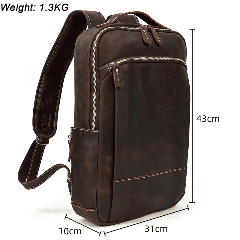 Mens leather laptop backpack in brown with multiple compartments for organization and comfort