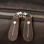 Close-up of durable zippers on the mens leather laptop backpack from VacationGrabs