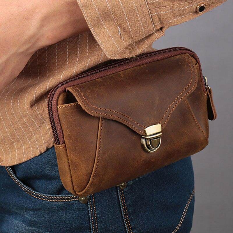 Mens Leather Waist Pack Hands-Free Belt Pouch Outdoor Travel Bag