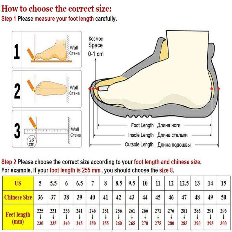 Size guide for mens leather walking boots with measurements for US and Chinese sizes