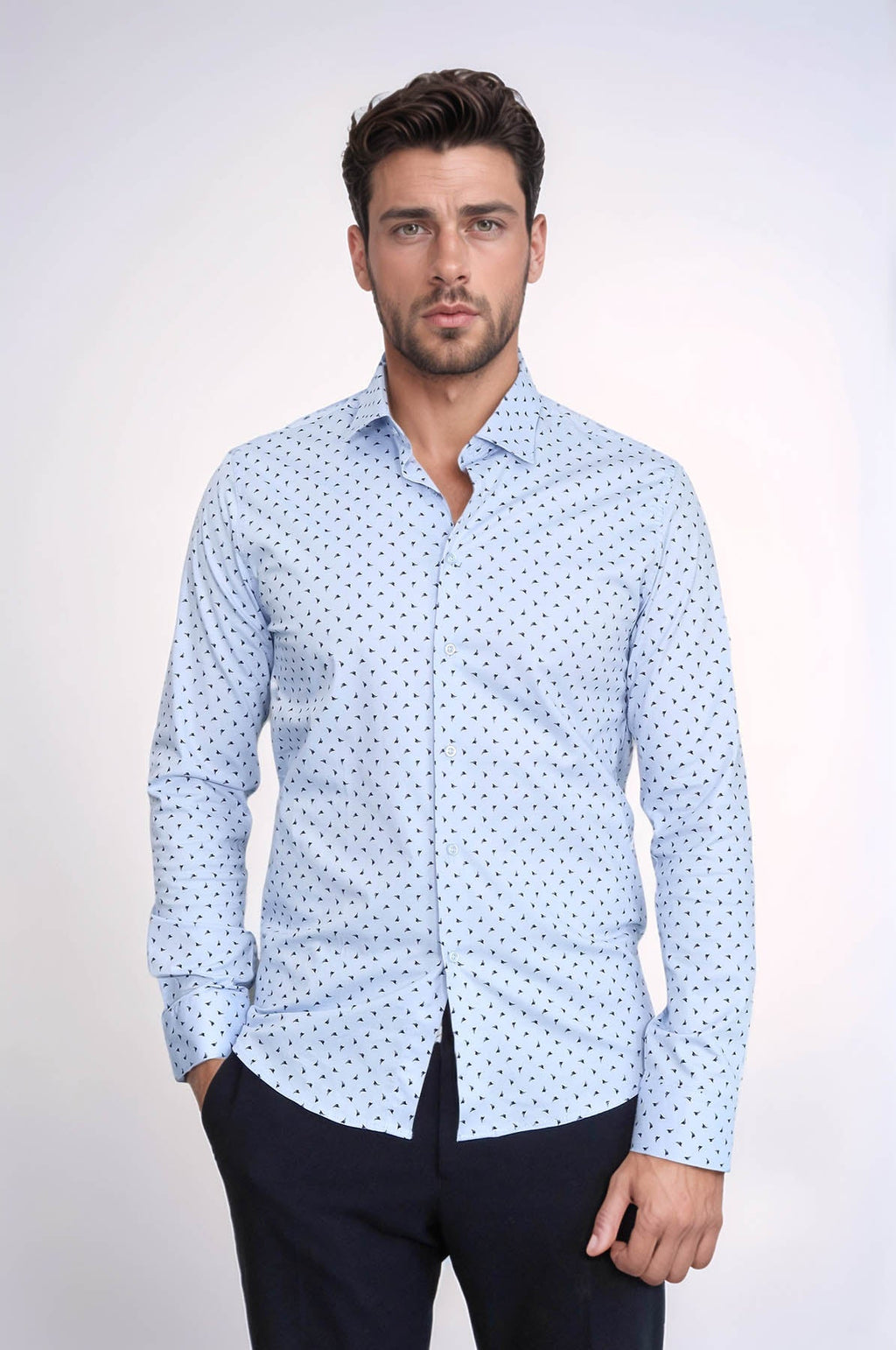 Men’s Light Blue Shirt with Minimal Black Pattern – front view