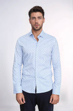 Men’s Light Blue Shirt with Minimal Black Pattern – side view