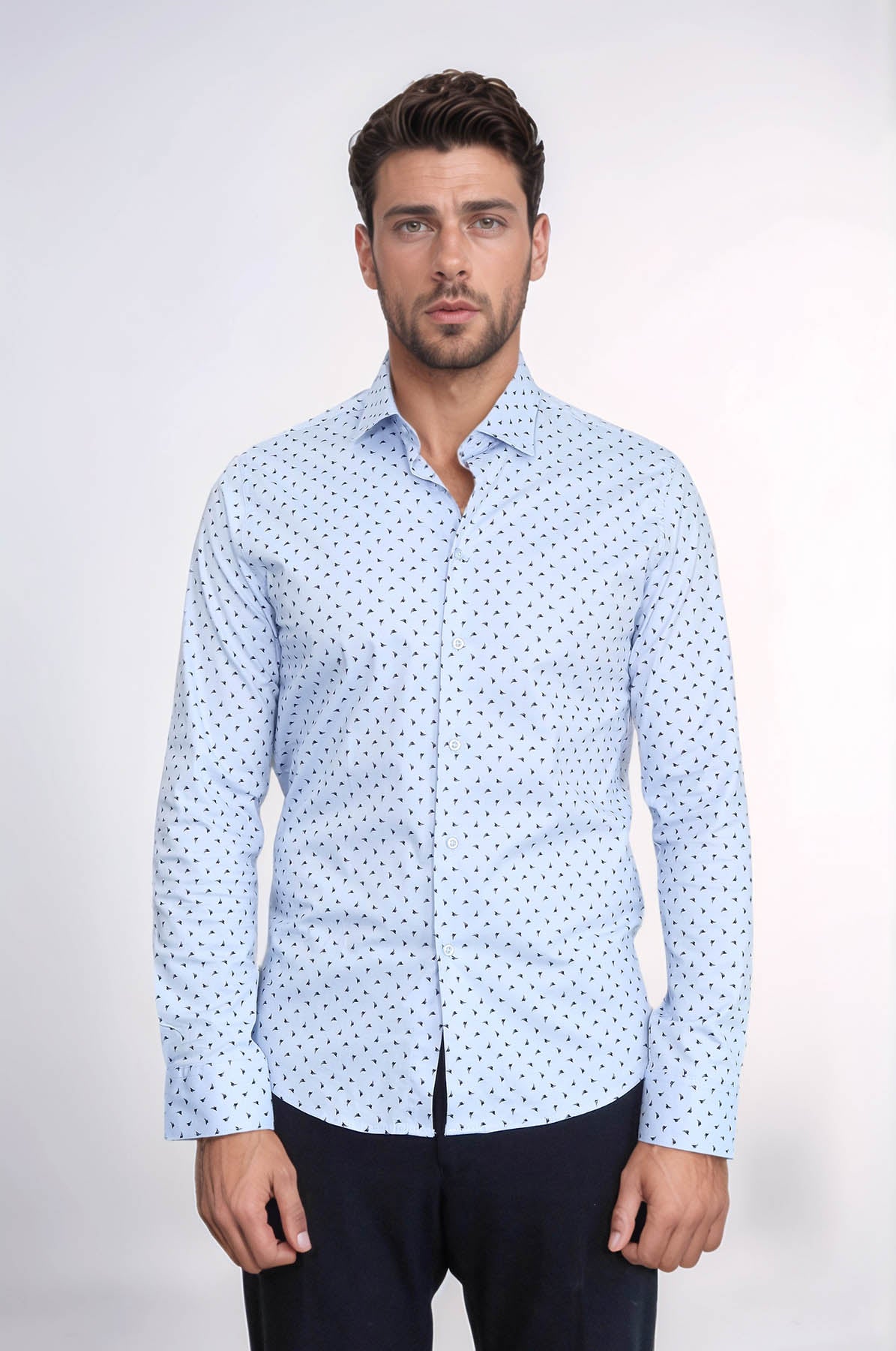 Men’s Light Blue Shirt with Minimal Black Pattern – side view