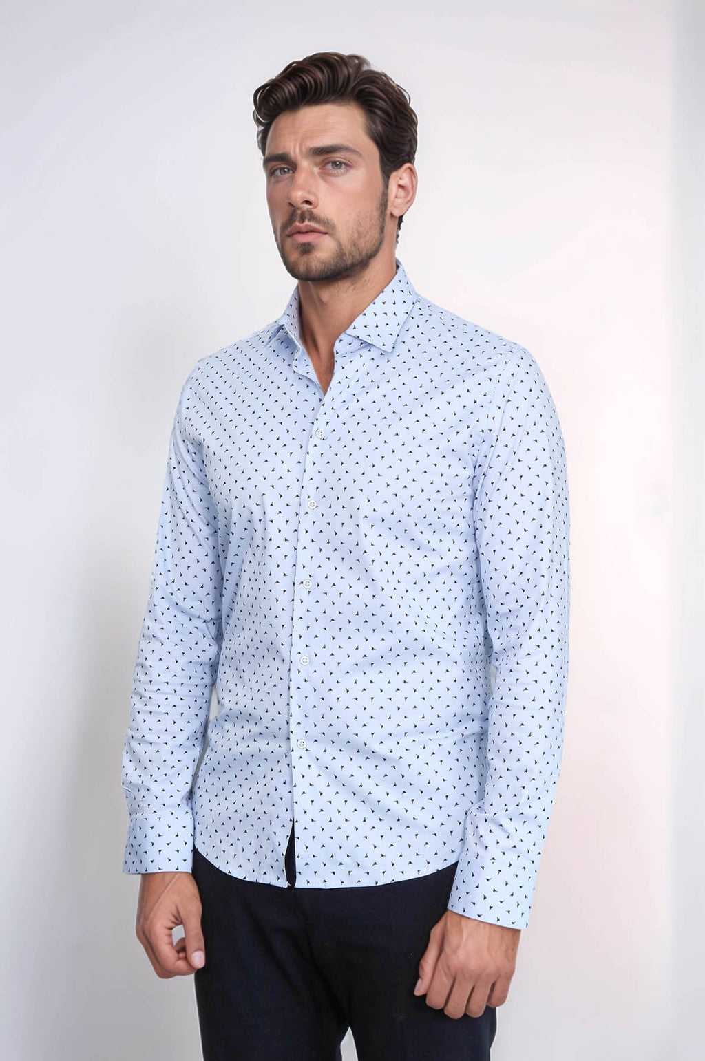Men’s Light Blue Shirt with Minimal Black Pattern – styled view