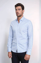 Men’s Light Blue Shirt with Minimal Black Pattern – styled view