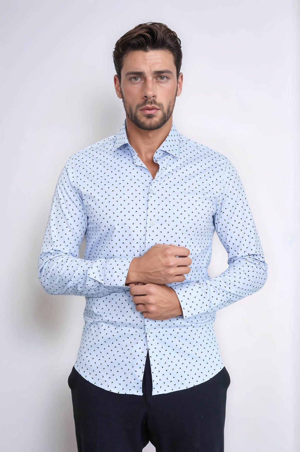 Men’s Light Blue Shirt with Minimal Black Pattern – close up view
