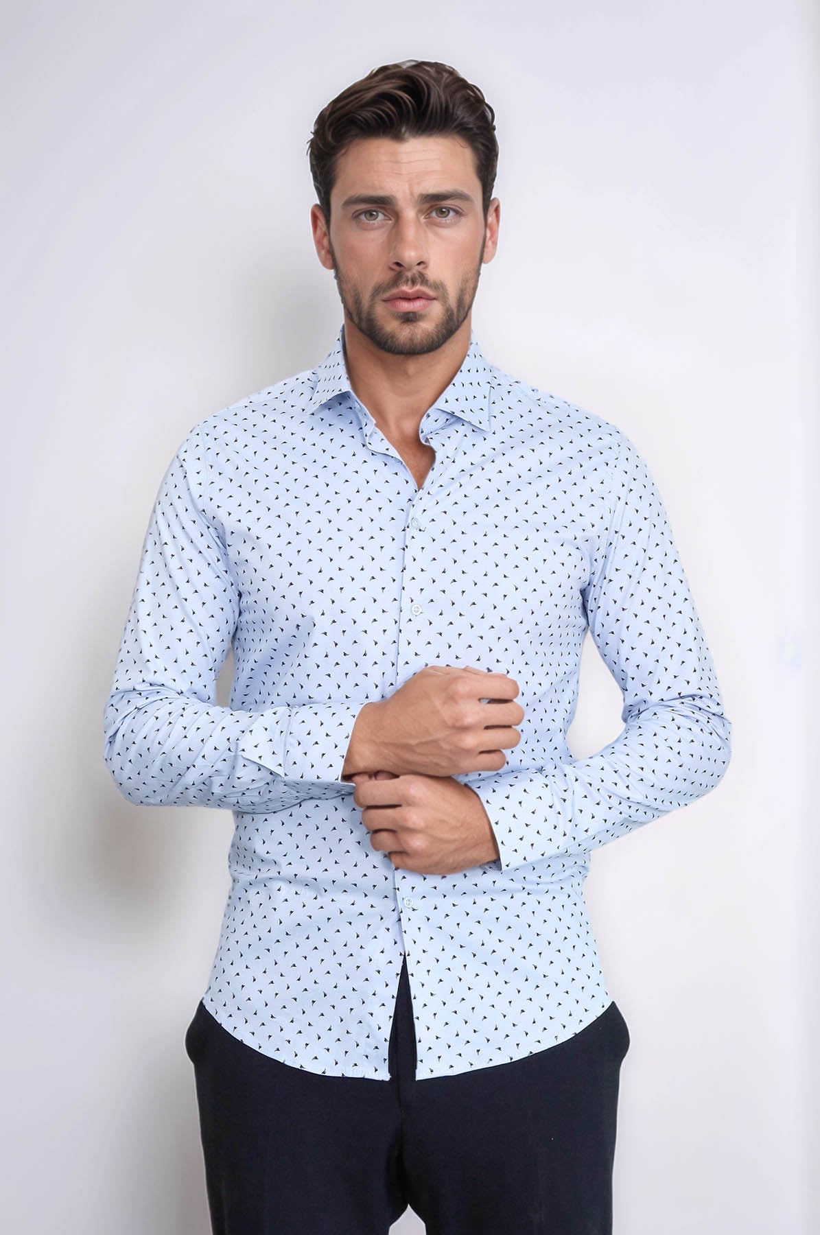 Men’s Light Blue Shirt with Minimal Black Pattern – close up view