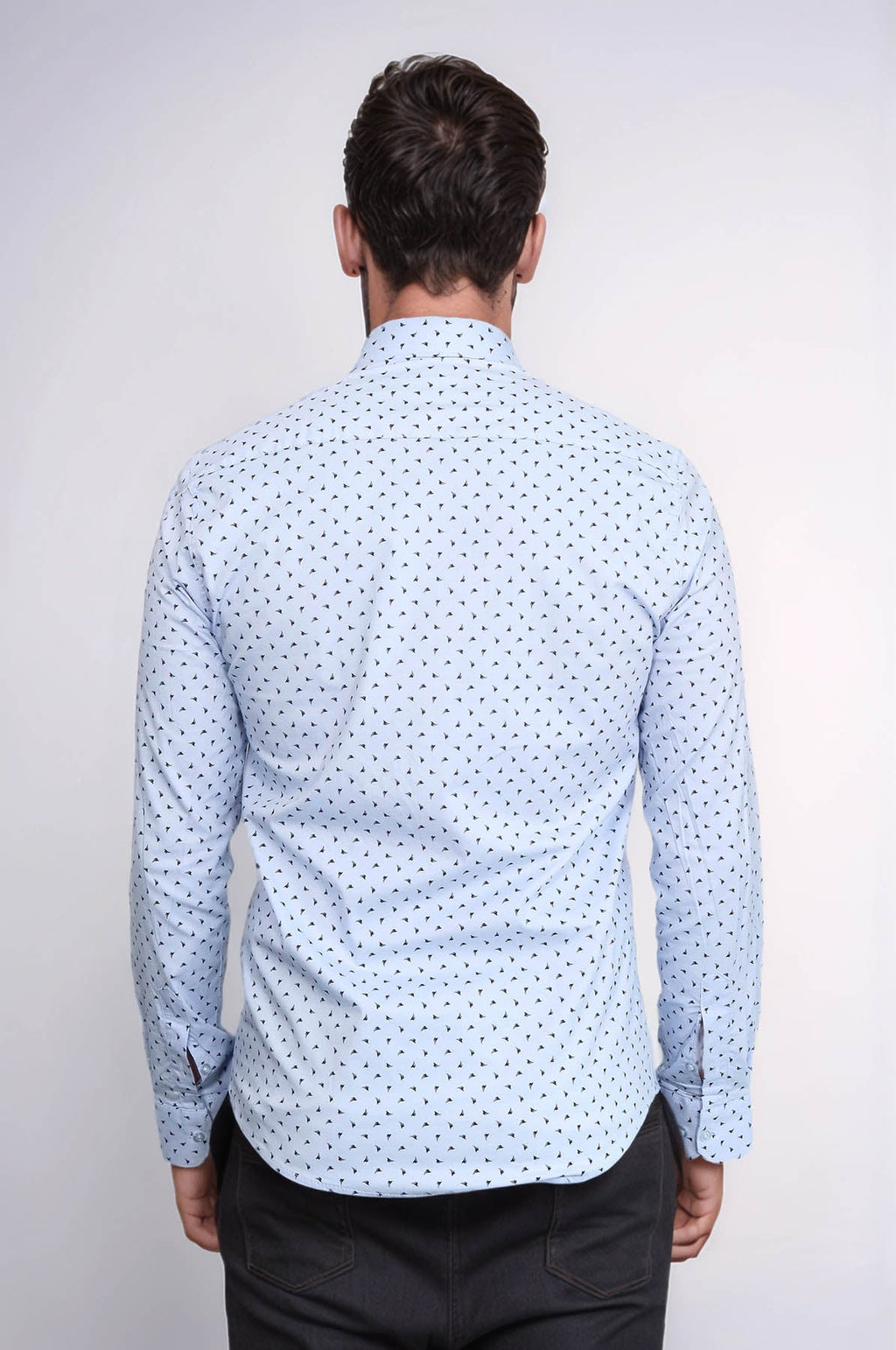 Men’s Light Blue Shirt with Minimal Black Pattern – fabric detail view