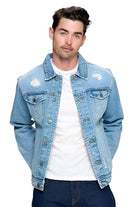 Men's Jackets Mens Light Denim Blue Jean Jacket with Distressed