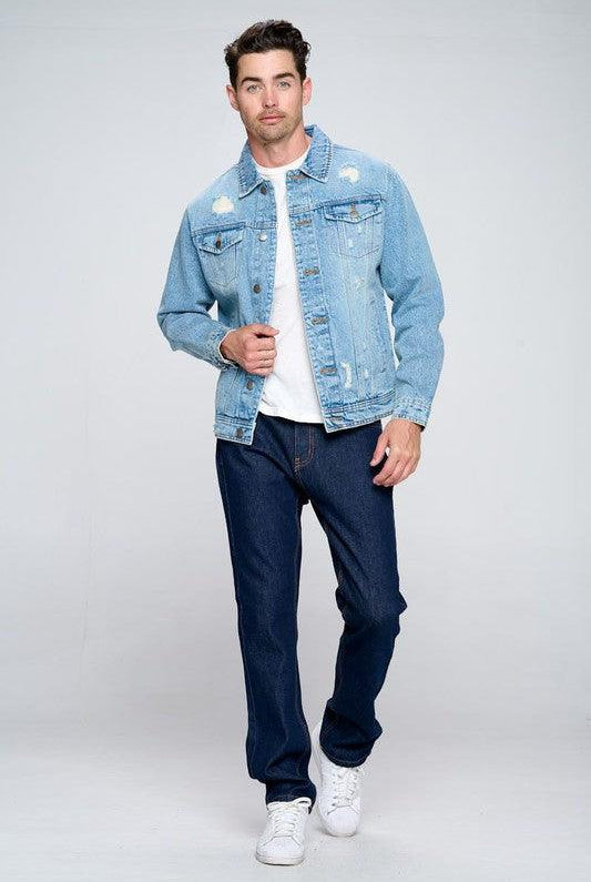 Men's Jackets Mens Light Denim Blue Jean Jacket with Distressed