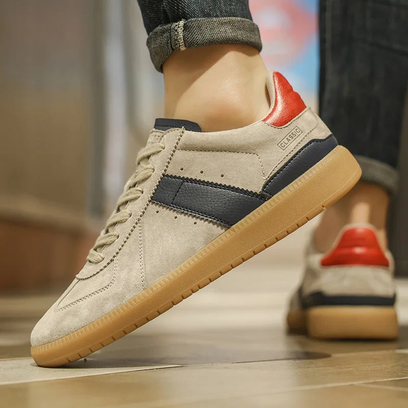 Men's suede loafers in beige and navy for casual outings