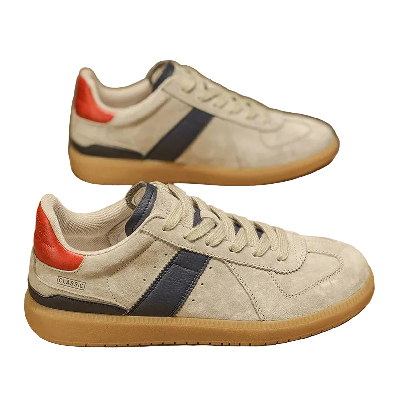 Men's loafers in beige suede with navy and red accents