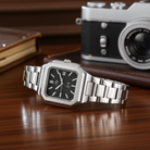 Dapr men's luxury watch with a silver bracelet and a black striped dial for sophisticated style