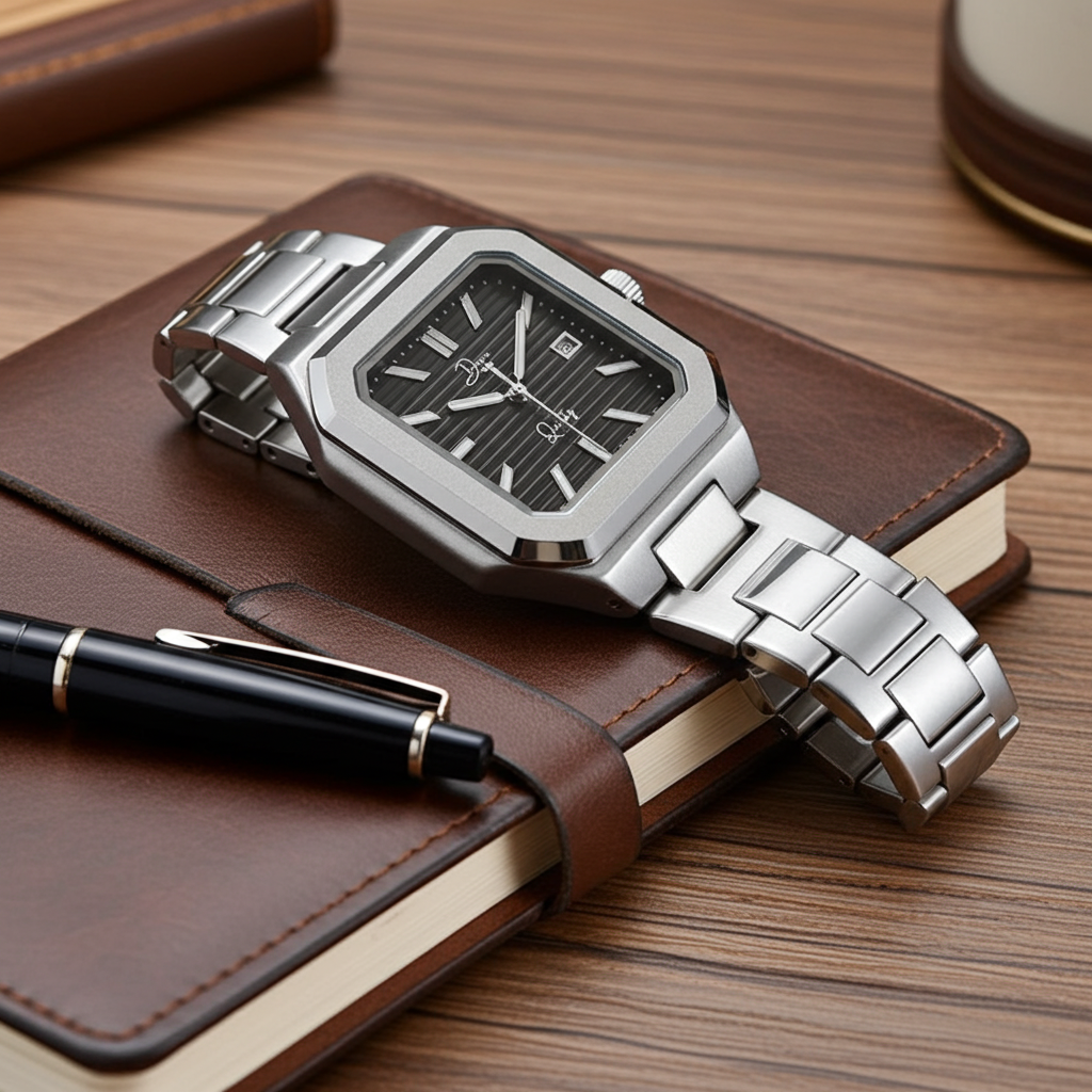 Dapr men's luxury watch with a sleek design on a brown notebook and pen