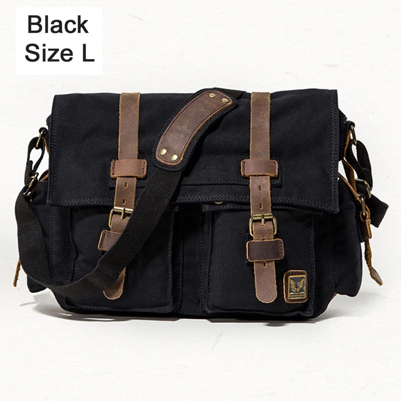 Black mens messenger bag with leather accents, ideal for daily use