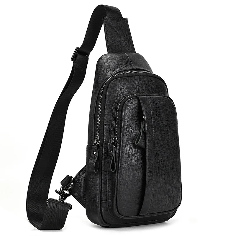 Men's black leather messenger bag, perfect for daily commuting