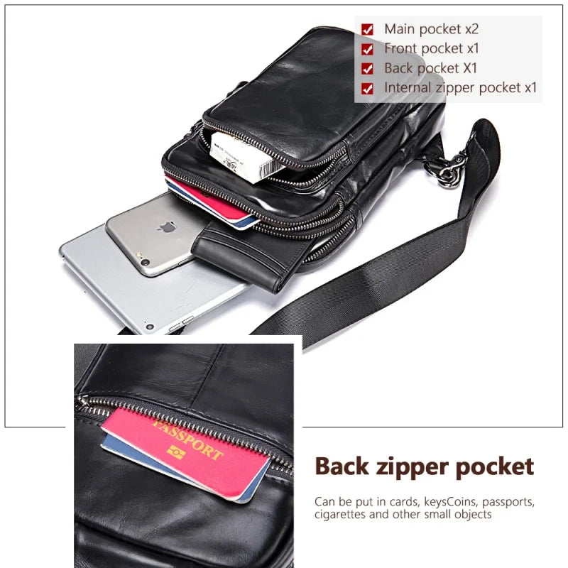 Black leather men's messenger bag, ideal for travel and daily use
