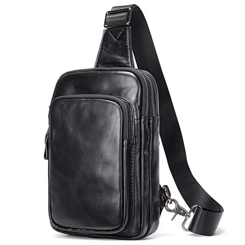 Men's black leather messenger bag for travel and daily use