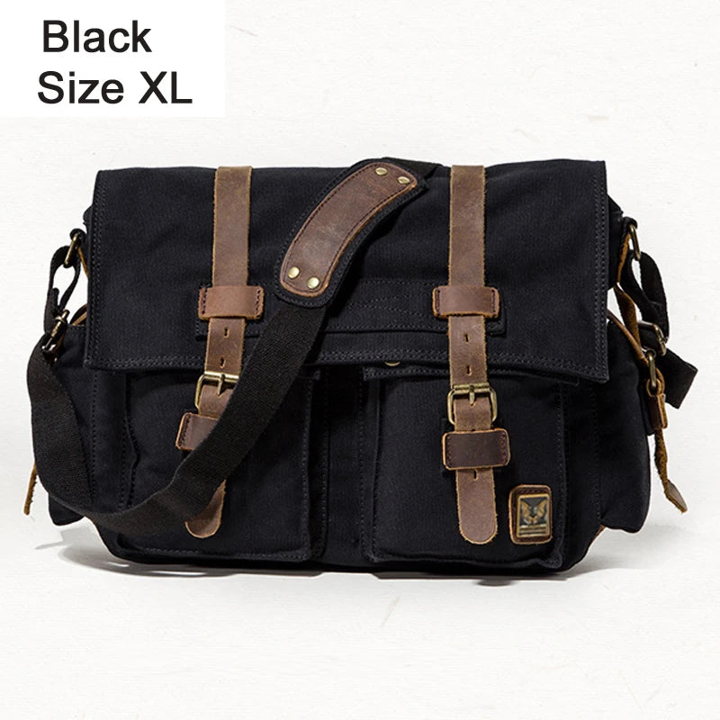 Black mens messenger bag made of durable canvas, ideal for daily use