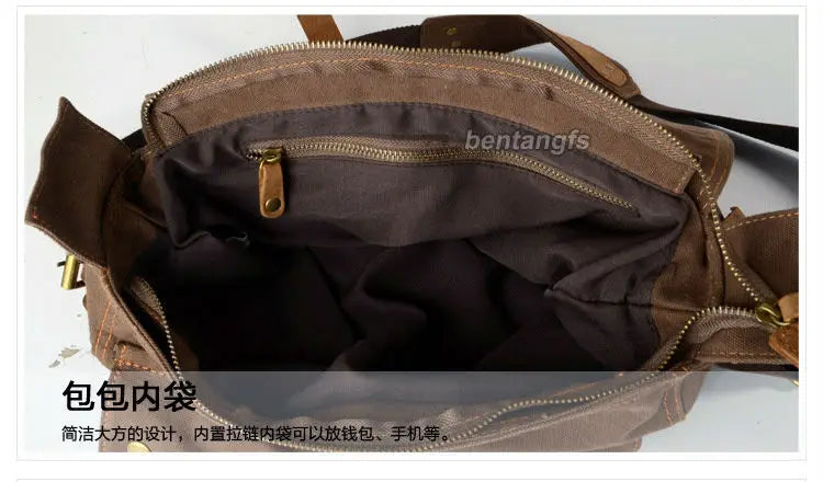 Mens messenger bag in brown canvas, ideal for daily use and travel