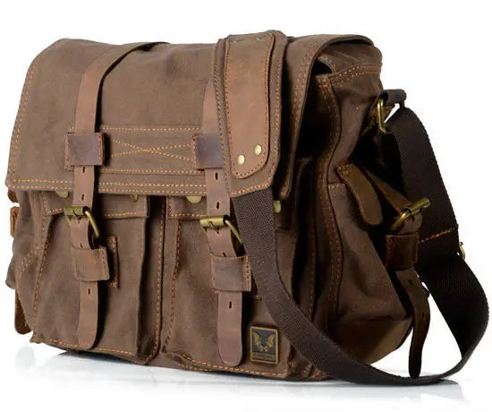 Brown canvas mens messenger bag for travel and daily use