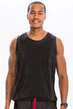Close-up of men's metallic flick print on tank top