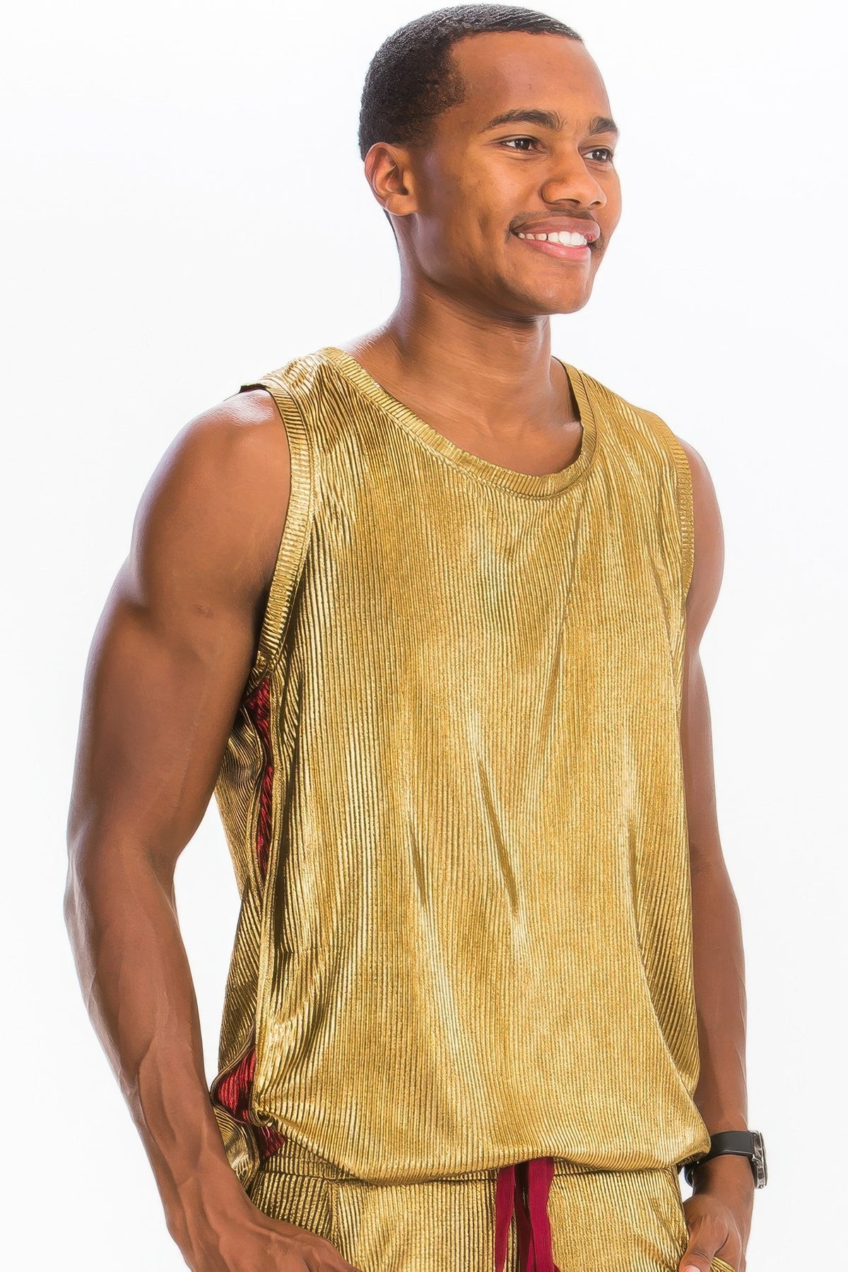 Men's metallic flick tank top, beachwear side view