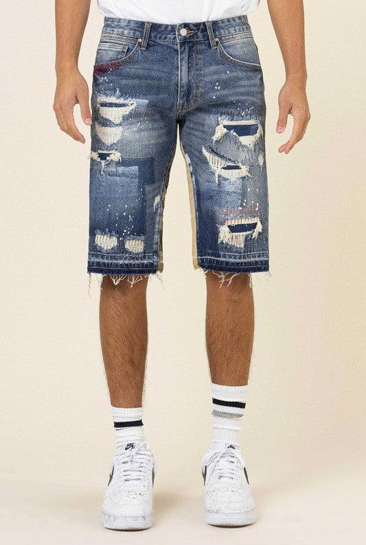 Men's Shorts Mens Multi Camo Paneled Released Hem Denim Shorts