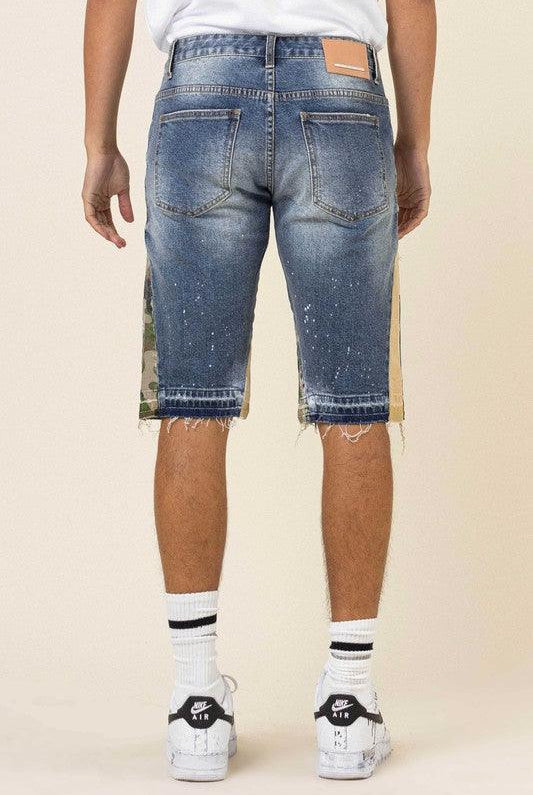 Men's Shorts Mens Multi Camo Paneled Released Hem Denim Shorts
