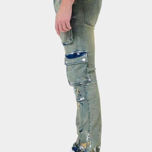 Men's Pants - Jeans Mens Multi Cargo Slim Straight Denim Jeans