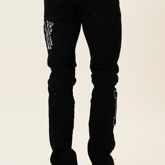 Men's Pants - Jeans Mens Multi Patch Slim Fit Black Jeans