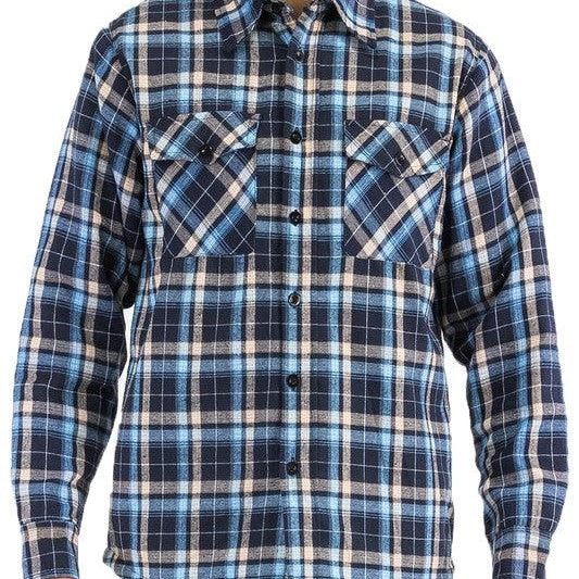 Men's Shirts - Flannels Mens Navy Blue Plaid Quilted Padded Flannel