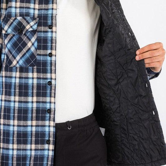 Men's Shirts - Flannels Mens Navy Blue Plaid Quilted Padded Flannel