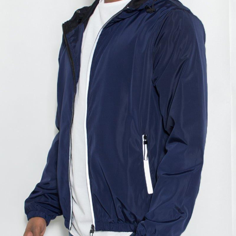 Men's Jackets Mens Navy Blue With White Reflective Zipper Windbreaker Jacket