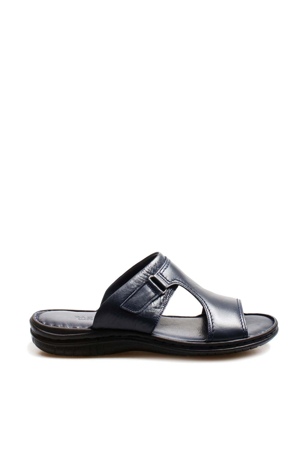 Men's Navy Leather Slide Sandals with Cutout Design – front view
