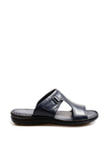Men's Navy Leather Slide Sandals with Cutout Design – front view
