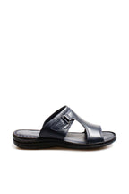 Men's Navy Leather Slide Sandals with Cutout Design – front view