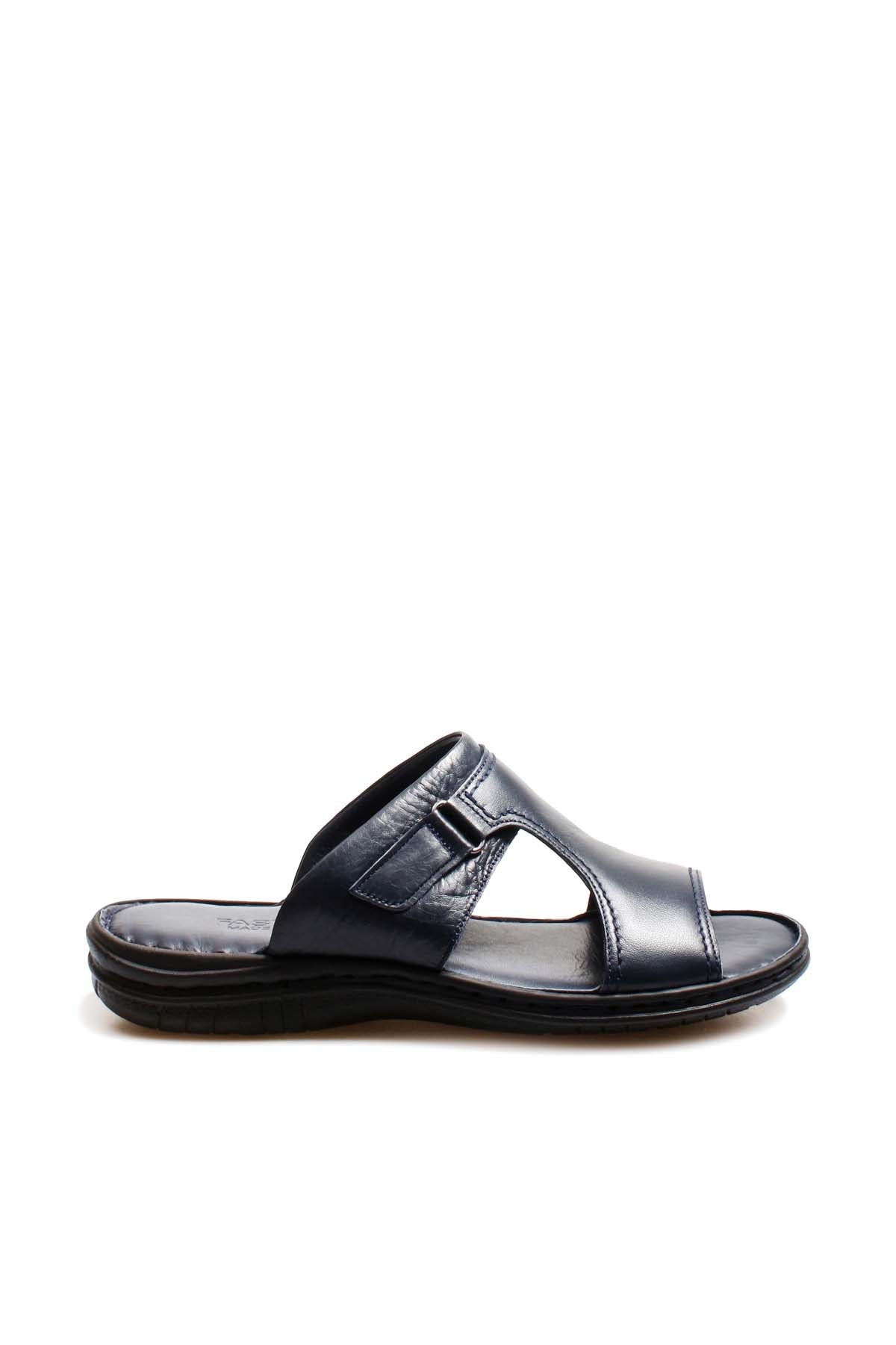 Men's Navy Leather Slide Sandals with Cutout Design – front view