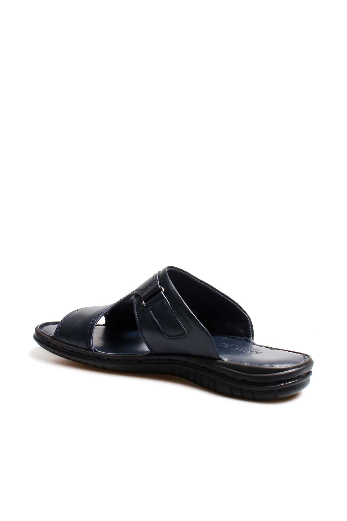 Men's Navy Leather Slide Sandals with Cutout Design – detail view