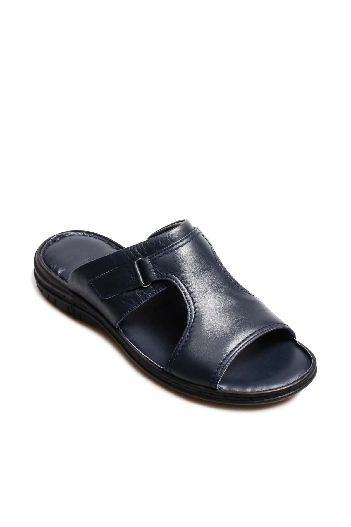 Men's Navy Leather Slide Sandals with Cutout Design – side view