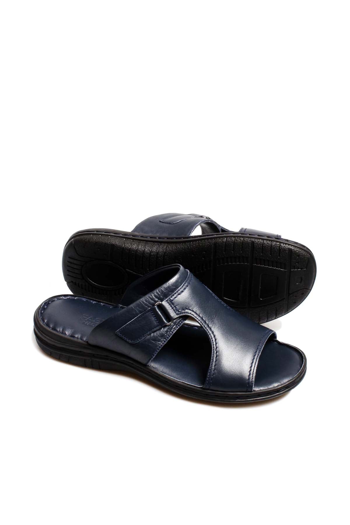 Men's Navy Leather Slide Sandals with Cutout Design – styled view