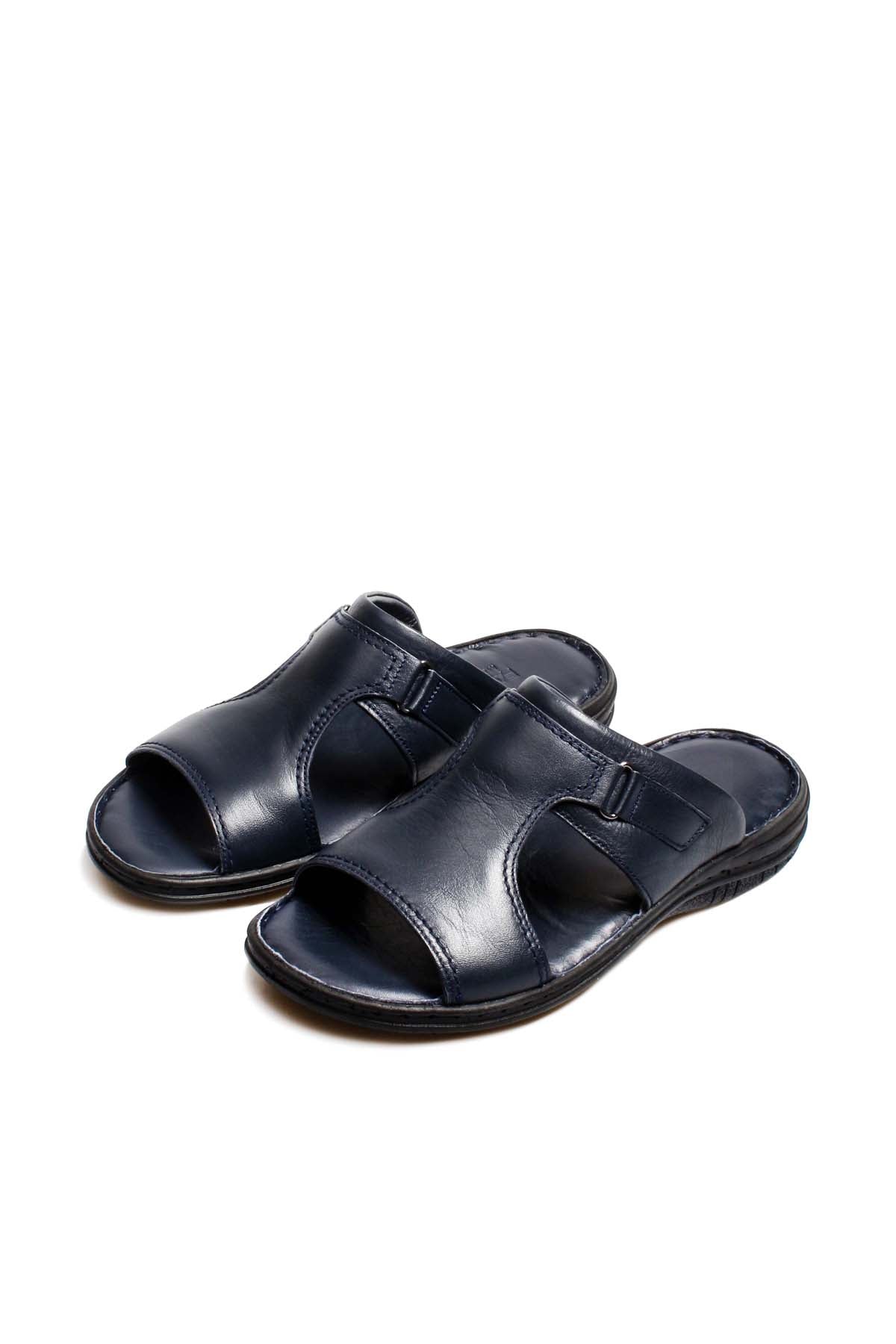 Men's Navy Leather Slide Sandals with Cutout Design – close up view