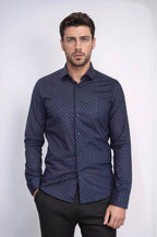 Men’s Navy Shirt with Minimal Red Pattern – front view