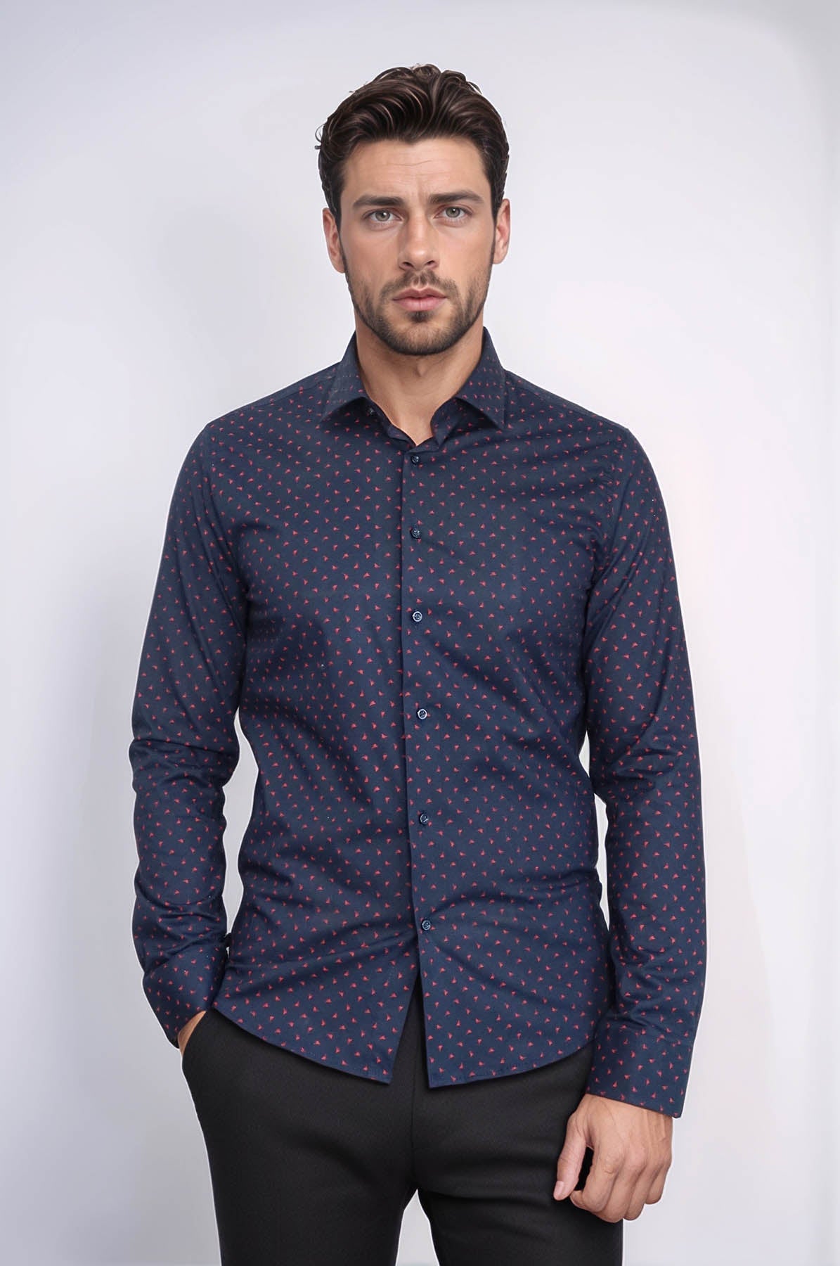 Men’s Navy Shirt with Minimal Red Pattern – front view