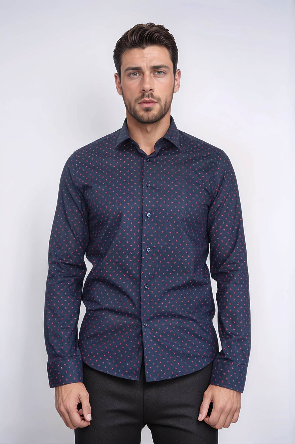 Men’s Navy Shirt with Minimal Red Pattern – side view