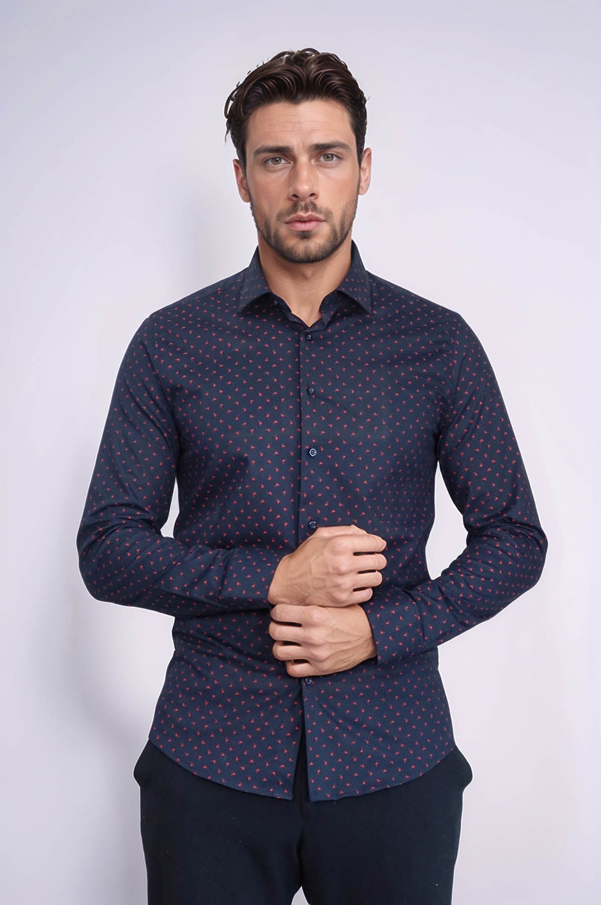 Men’s Navy Shirt with Minimal Red Pattern – styled view