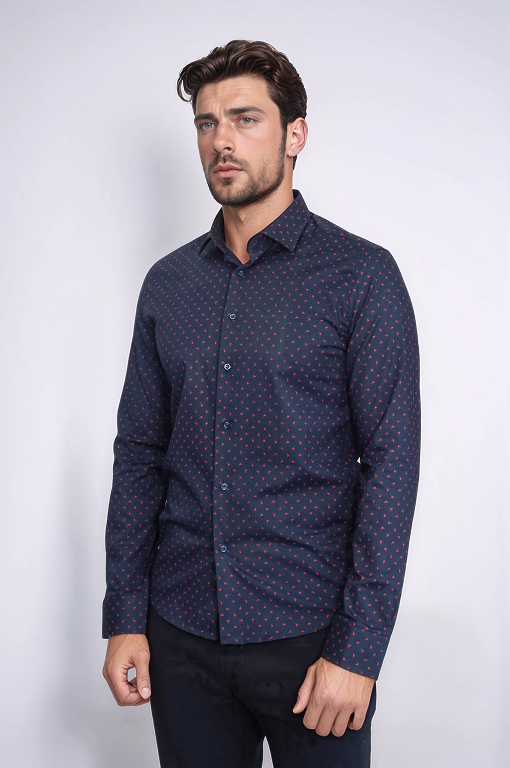 Men’s Navy Shirt with Minimal Red Pattern – close up view