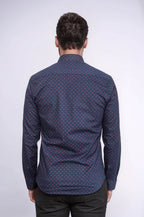 Men’s Navy Shirt with Minimal Red Pattern – fabric detail view